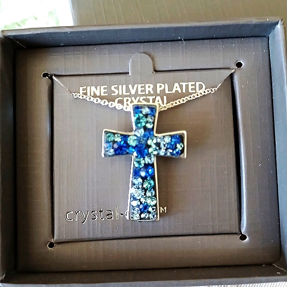NWT Crystalogy Fine Silverplated Blue Crystal Cross - Picture 2 of 7
